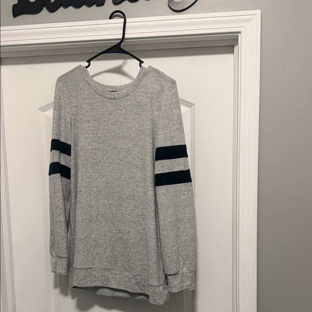 Gray Crewneck Sweater with Black Sleeve Stripes